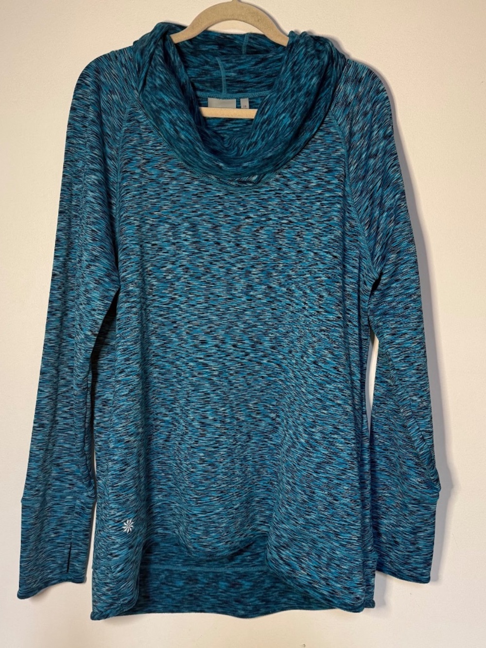 Athleta Blue Space Dye Tranquility Cowl Neck Pullover Sweatshirt w/ Thumbholes